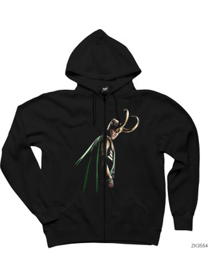 Horned Loki Siyah Fermuarlı Kapşonlu Sweatshirt
