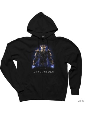 Skyrim Dragonborn Siyah Fermuarlı Kapşonlu Sweatshirt