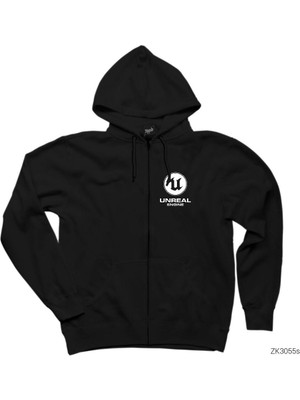 Unreal Engine Logo Siyah Fermuarlı Kapşonlu Sweatshirt