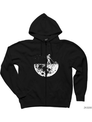 Moon Life Siyah Fermuarlı Kapşonlu Sweatshirt