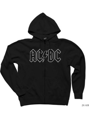 Ac Dc Logo Siyah Fermuarlı Kapşonlu Sweatshirt
