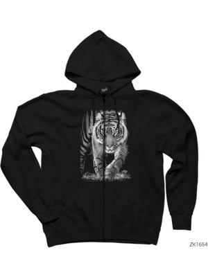 Kaplan Tiger Siyah Fermuarlı Kapşonlu Sweatshirt