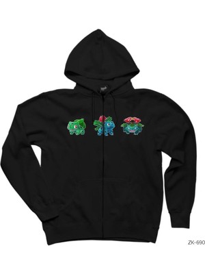 Pokemon Balbasaur Evolation Siyah Fermuarlı Kapşonlu Sweatshirt