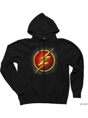 Flash Logo Siyah Fermuarlı Kapşonlu Sweatshirt