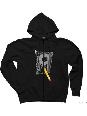 Kaset Siyah Fermuarlı Kapşonlu Sweatshirt