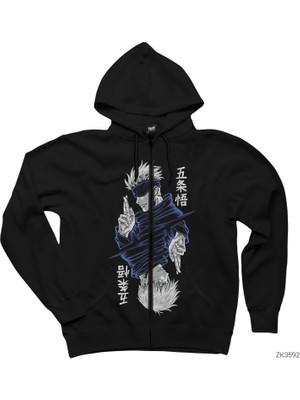 Gojo Satoru Jujutsu Siyah Fermuarlı Kapşonlu Sweatshirt
