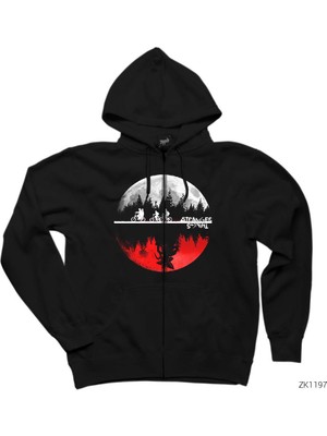 Stranger Things Moon Siyah Fermuarlı Kapşonlu Sweatshirt