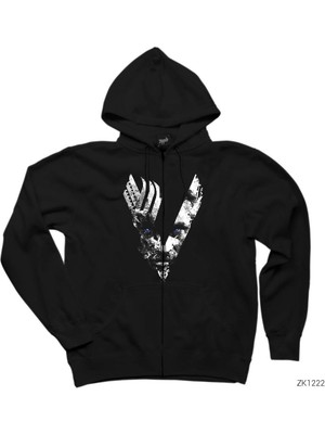 Vikings Logo Ragnar Siyah Fermuarlı Kapşonlu Sweatshirt