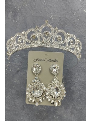 Hayalperest Boncuk Angel Model Gelin Tacı ve Damla Mekik Taşlı Küpe