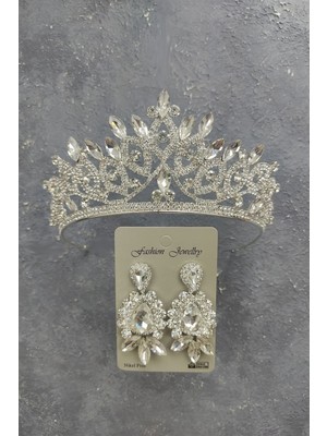 Hayalperest Boncuk Lilya Model Gelin Tacı ve Mekik Damla Taşlı Küpe