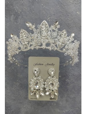 Hayalperest Boncuk Jabbah Model Gelin Tacı ve Mekik Damla Taşlı Küpe