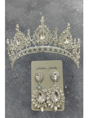 Hayalperest Boncuk Ahu Model Gelin Tacı ve Damla Mekik Taşı Küpe