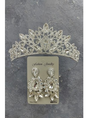 Hayalperest Boncuk Cennet Model Gelin Tacı ve Mekik Damla Taşlı Küpe