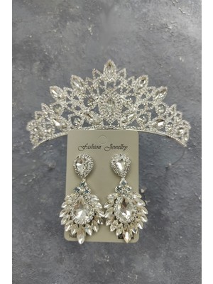 Hayalperest Boncuk Cennet Model Gelin Tacı ve Damla Mekik Taşlı Küpe