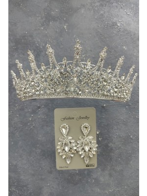 Hayalperest Boncuk Leonis Model Gelin Tacı ve Damla Taşlı Küpe