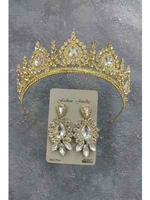 Hayalperest Boncuk Gold Ahu Model Gelin Tacı ve Mekik Damla Taşlı Küpe