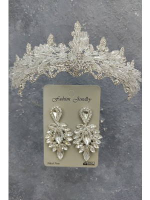 Hayalperest Boncuk Mekik Boncuklu Badem Gelin Tacı ve Damla Taşlı Küpe