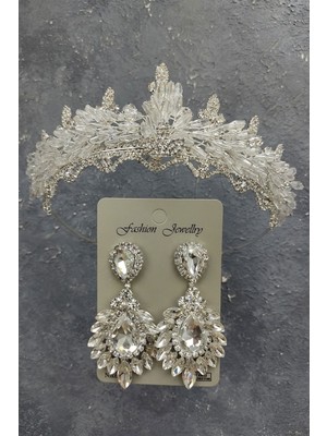 Hayalperest Boncuk Mekik Boncuklu Badem Gelin Tacı ve Damla Mekik Taşlı Küpe