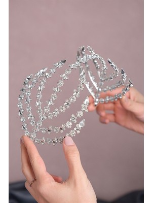 Hayalperest Boncuk Gümüş Renk Çift Taraflı Helen Gelin Tacı Aksesuarı İnce Detaylarla Şık Tasarım