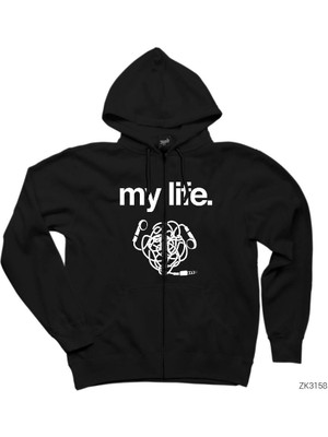 My Life Siyah Fermuarlı Kapşonlu Sweatshirt