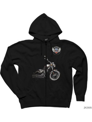 Victory Gunner Motorcycle Siyah Fermuarlı Kapşonlu Sweatshirt