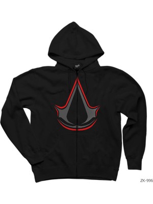 Assassins Creed Logo Redline Siyah Fermuarlı Kapşonlu Sweatshirt