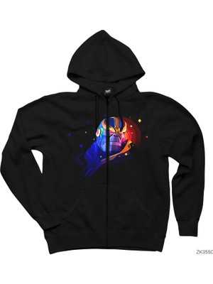Geometric Thanos Siyah Fermuarlı Kapşonlu Sweatshirt