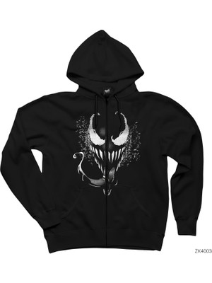 Venom 2 Face Bw Siyah Fermuarlı Kapşonlu Sweatshirt
