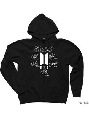 Bts Logo Imzalı Siyah Fermuarlı Kapşonlu Sweatshirt