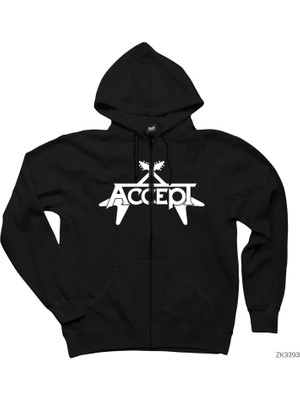 Accept Guitar Siyah Fermuarlı Kapşonlu Sweatshirt
