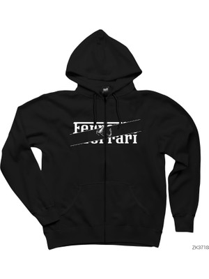 Ferrari Incision Siyah Fermuarlı Kapşonlu Sweatshirt