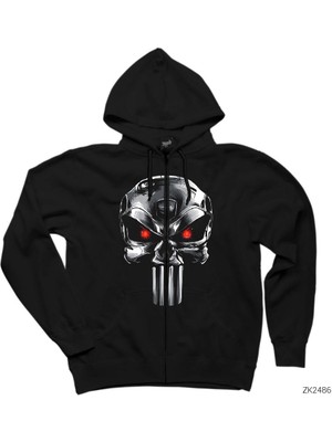 Terminator Punisher Siyah Fermuarlı Kapşonlu Sweatshirt