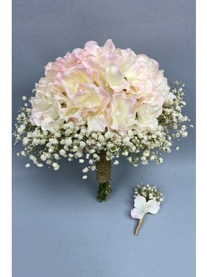 Hayalperest Boncuk Pudra Krem Ortanca ve Krem Cipsolu Gelin Buketi Damat Yaka Çiçeği