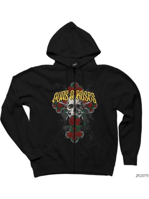 Guns N Roses Skull Siyah Fermuarlı Kapşonlu Sweatshirt