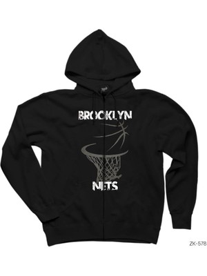 Brooklyn Nets Basket Siyah Fermuarlı Kapşonlu Sweatshirt