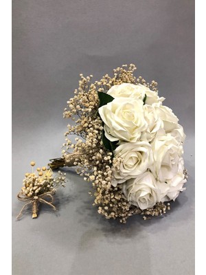 Hayalperest Boncuk Beyaz Kadife Gül ve Cipsolu Gelin Buketi