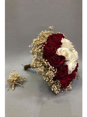 Hayalperest Boncuk Beyaz ve Kırmızı Güllü Cipsolu Gelin Buketi