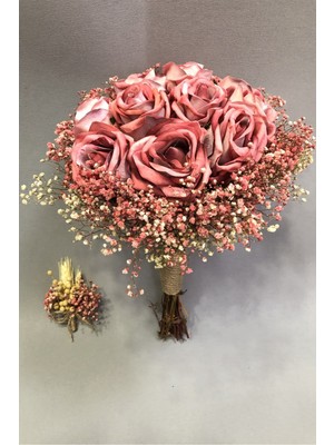 Hayalperest Boncuk Kadife Pembe Gül ve Pembe Cipsolu Gelin Buketi