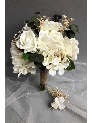Hayalperest Boncuk Beyaz Ortancalı Kadife Güllü  Gelin Buketi ve Yaka Çiçeği