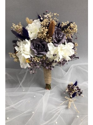 Hayalperest Boncuk Lila ve Beyaz Ortancalı Gelin Buketi ve Yaka Çiçeği