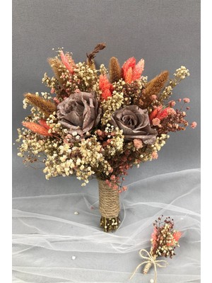 Hayalperest Boncuk Kahverengi Gelin Buketi ve Damat Yaka Çiçeği
