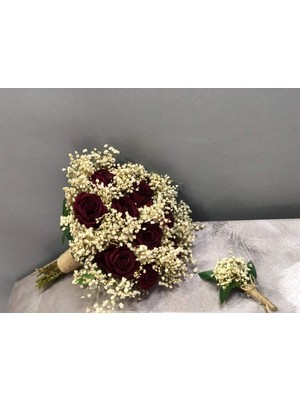 Hayalperest Boncuk Bordo Kadife Güllü ve Krem Cipsolu Şoklanmış Gelin Buketi