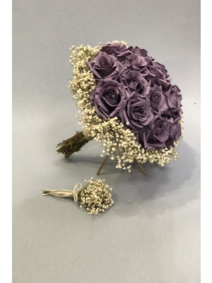 Hayalperest Boncuk Koyu Lila Güllü Cipsolu Gelin Buketi Seti