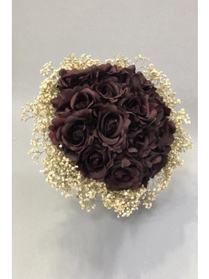 Hayalperest Boncuk Bordo Güllü Cipsolu Gelin Buketi ve Yaka Çiçeği