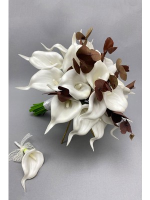 Hayalperest Boncuk Beyaz  Islak Gala Okaliptuslu Gelin Buketi ve Damat Çiçeği