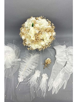 Hayalperest Boncuk Cipso ve Laleli Gelin Çiçeği Nikah Şapkası ve Gelin Eldiveni Seti