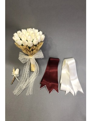 Hayalperest Boncuk Lale ve Başaklı Gelin Buketi ve Takı Kurdelesi