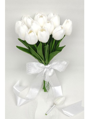 Hayalperest Boncuk Yapay Lale Gelin Buketi ve Damat Yaka Çiçeği 10 Adet Lale