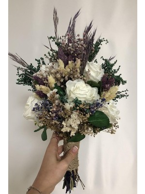 Hayalperest Boncuk Mor Yeşil Kuru ve Yapay Çiçekli Gelin Buketi