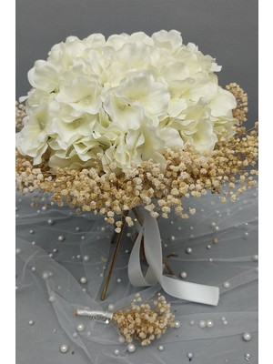 Hayalperest Boncuk Beyaz Ortancalı Cipsolu Gelin Buketi ve Damat Yaka Çiçeği